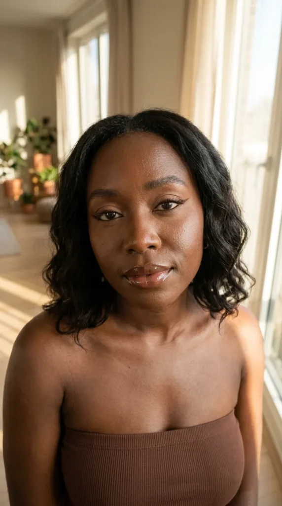 Brown winged eyeliner with glossy cocoa lips