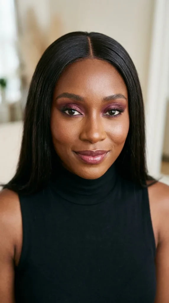Burgundy shimmer eyes with radiant flawless complexion
