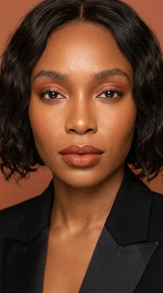Cinnamon brown makeup with satin skin finish