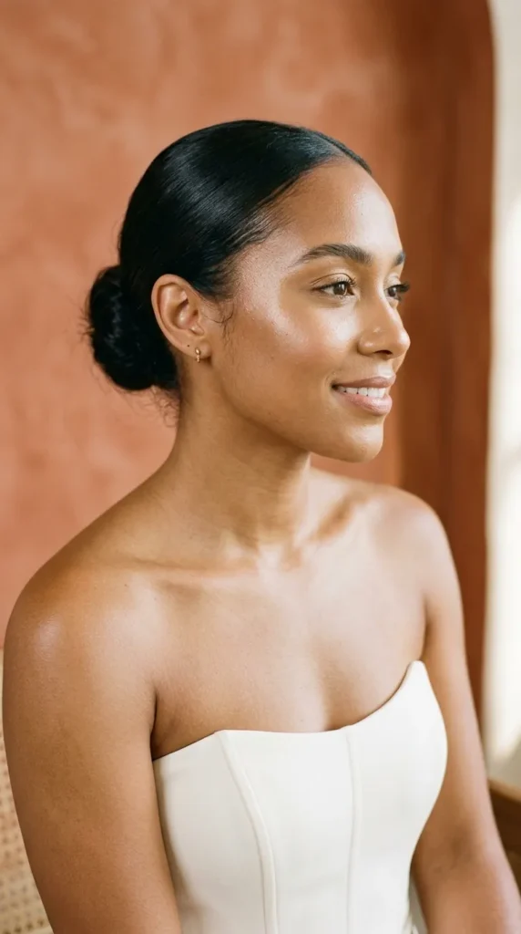 Dewy skin with subtle golden highlighter
