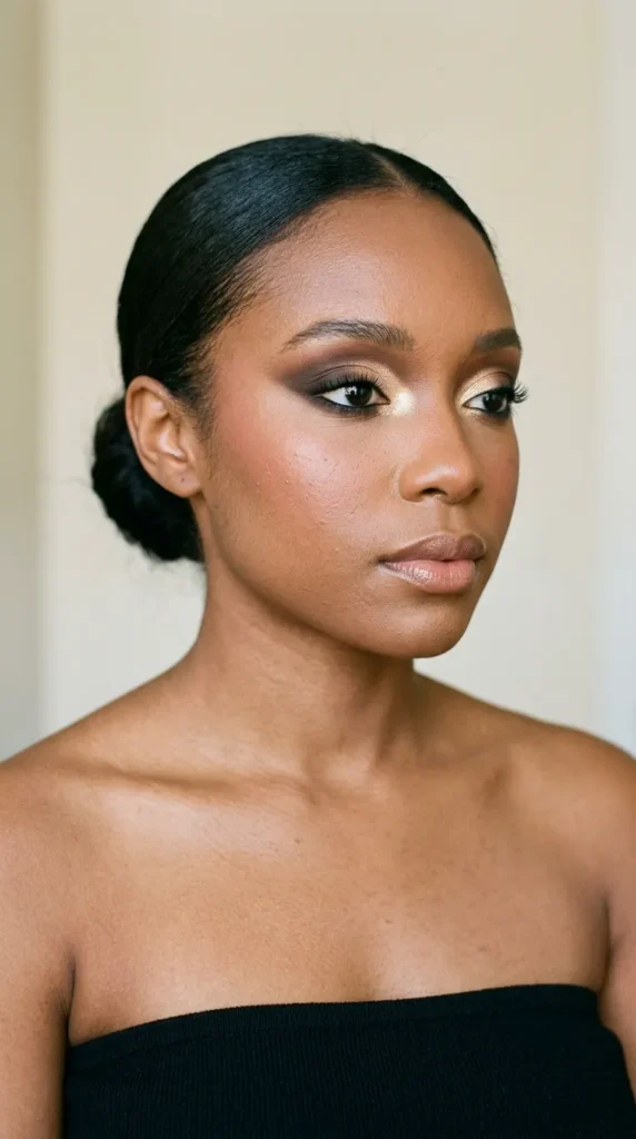 Espresso crease makeup with champagne inner highlight