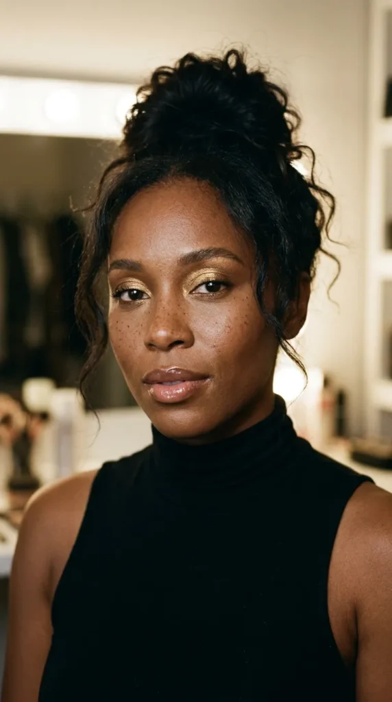 Golden shimmer eyelids with glossy nude lips