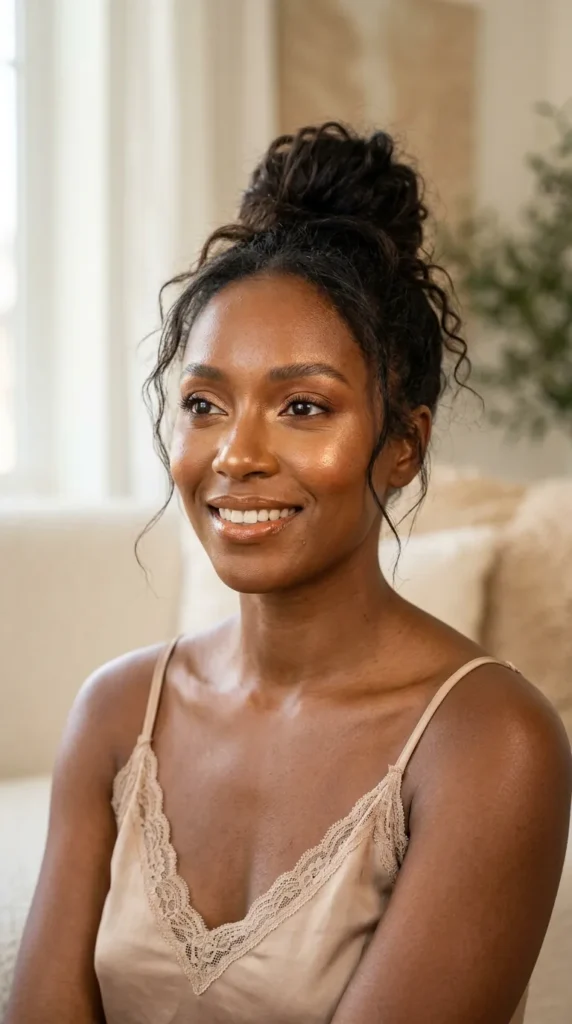 Honey bronze makeup with natural glowing complexion