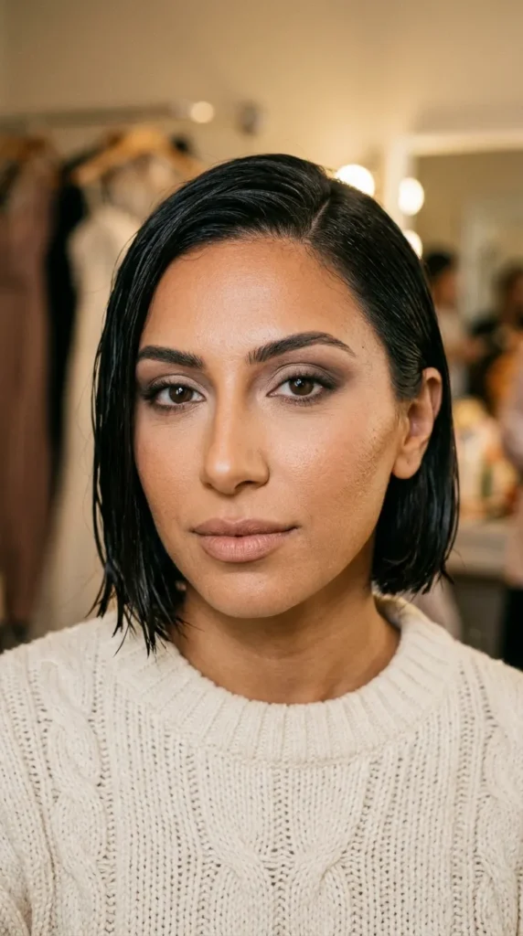 Neutral taupe eyes with satin skin