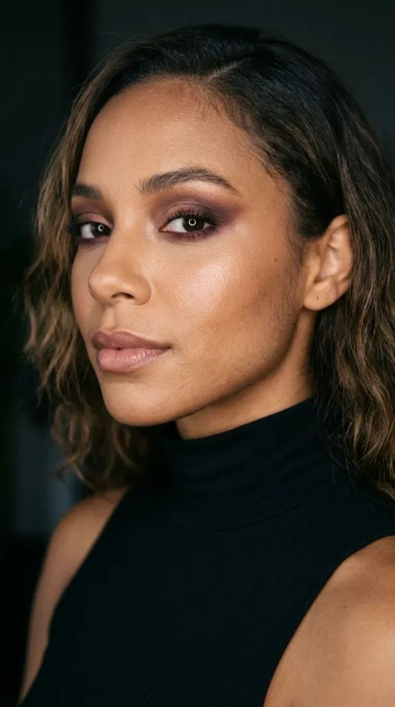 Plum brown eyeshadow with luminous skin finish