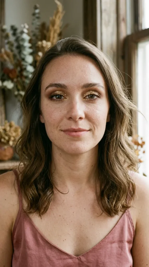 Romantic Halo Eye Makeup with Gold Glitter