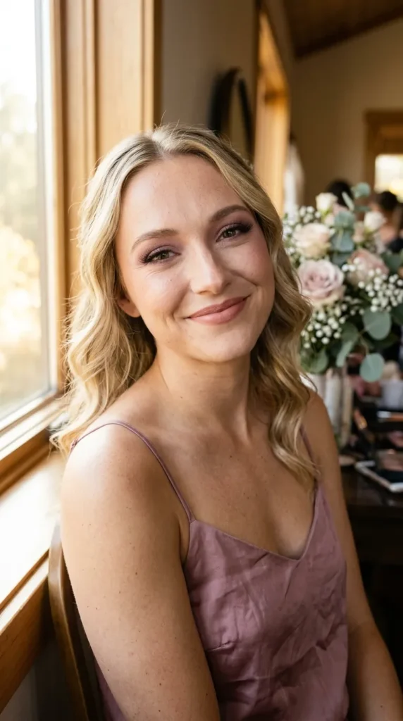Rosy nude glam with wispy lashes