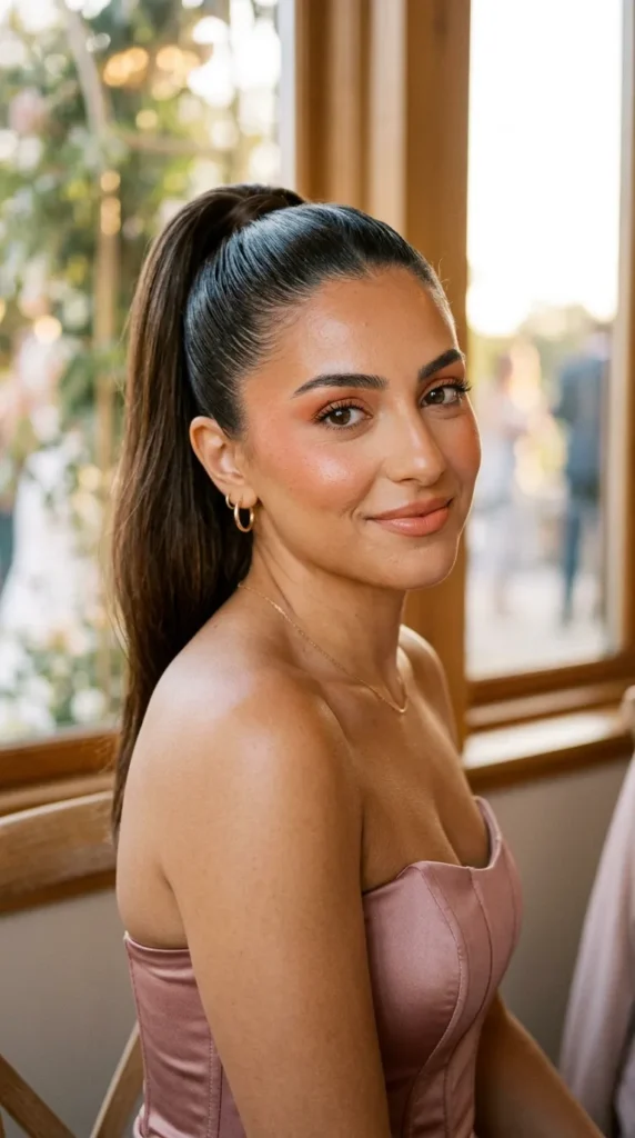 Satin finish makeup with lifted blush