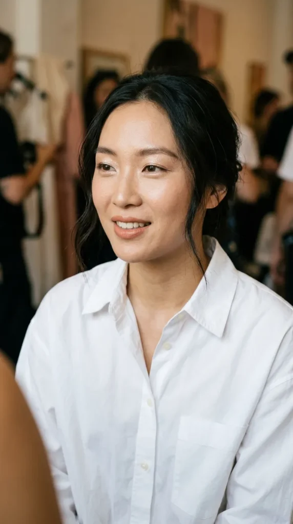Soft champagne glow with peachy nude lips