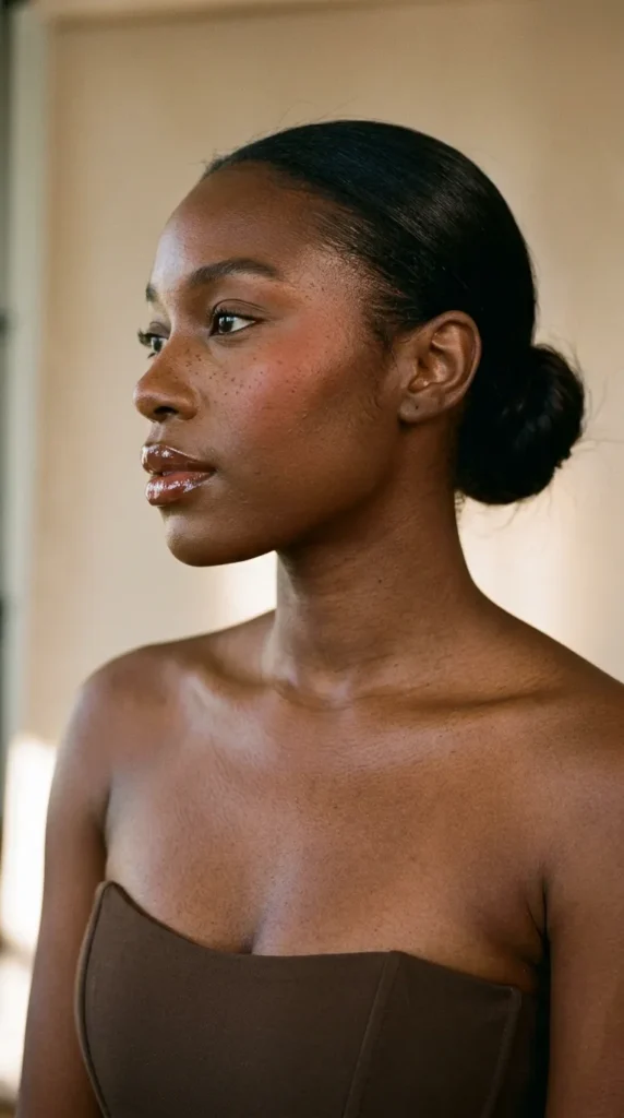 Terracotta blush paired with glossy brown lips